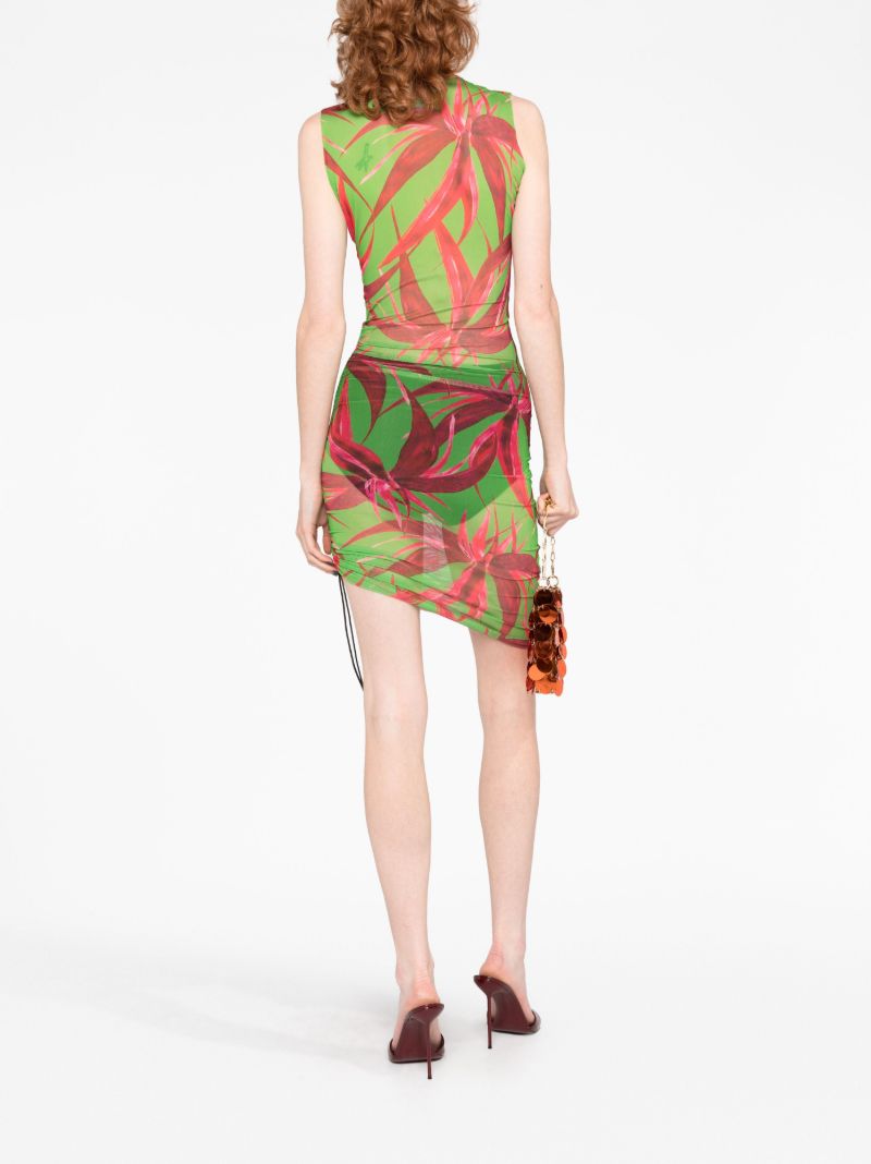 Green Botanical Print Asymmetric Dress