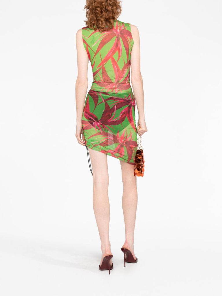 Green Botanical Print Asymmetric Dress
