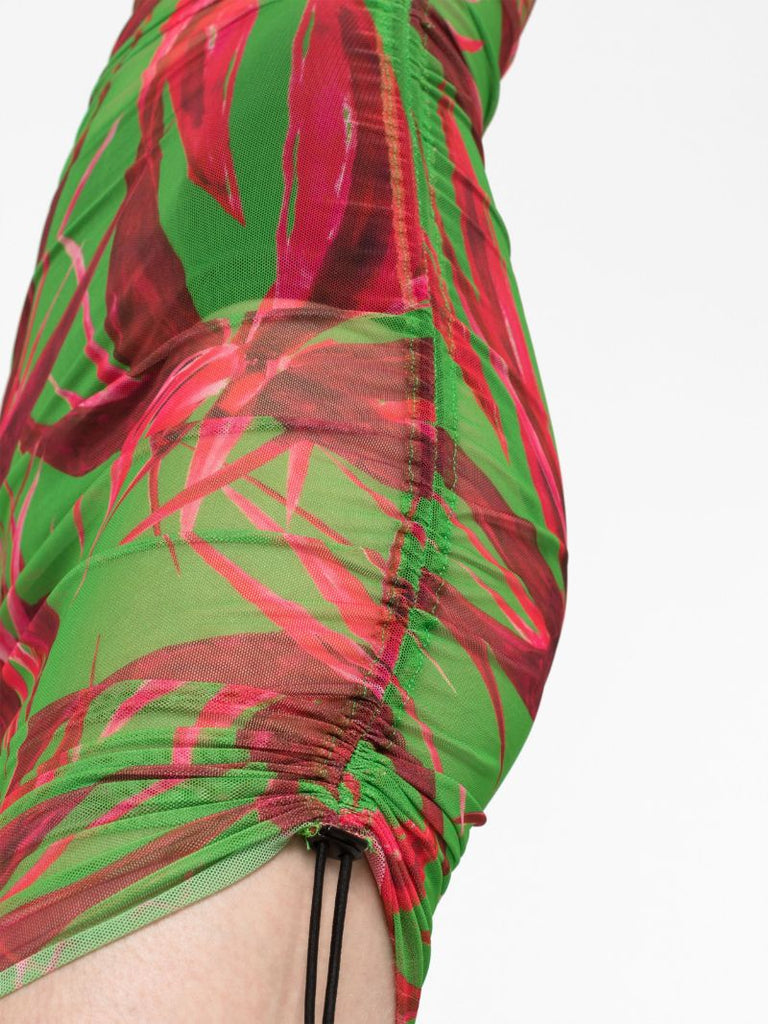 Green Botanical Print Asymmetric Dress