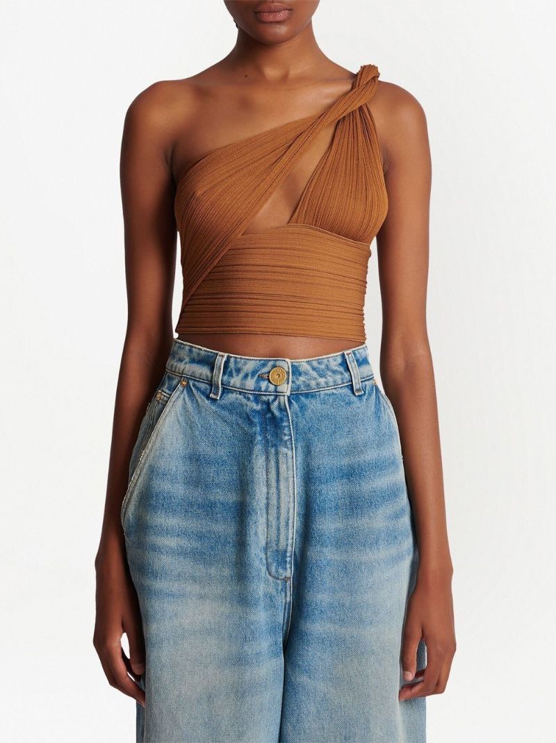 Brown Pleated Jersey Draped Top