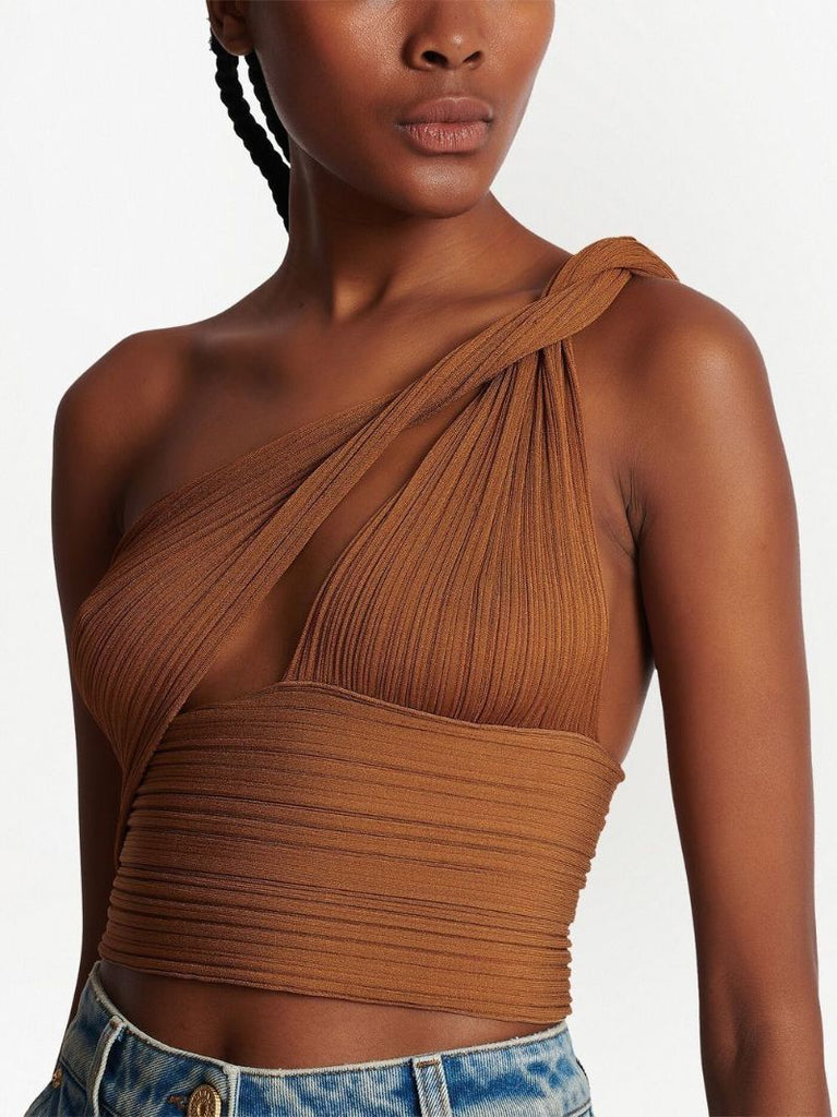 Brown Pleated Jersey Draped Top