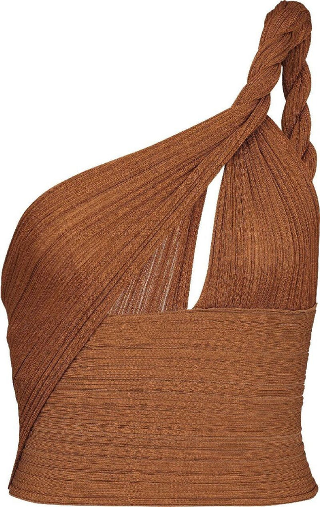 Brown Pleated Jersey Draped Top
