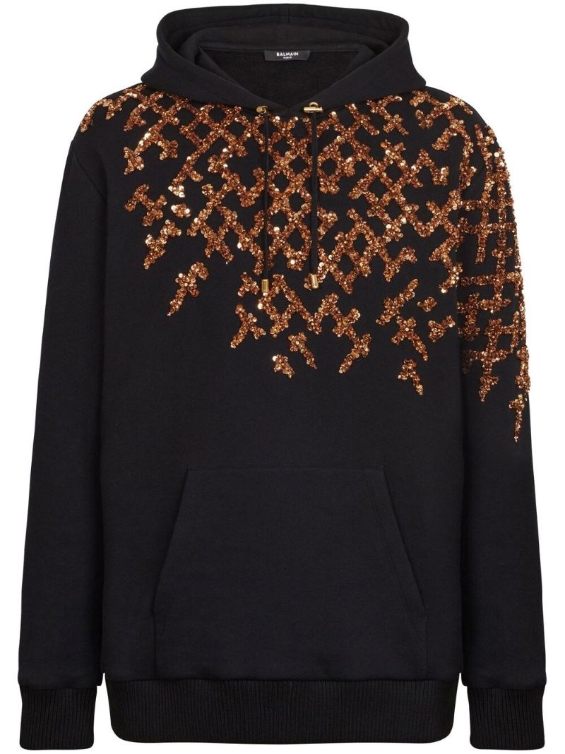 Black Cotton Sequin Embellished Hoodie