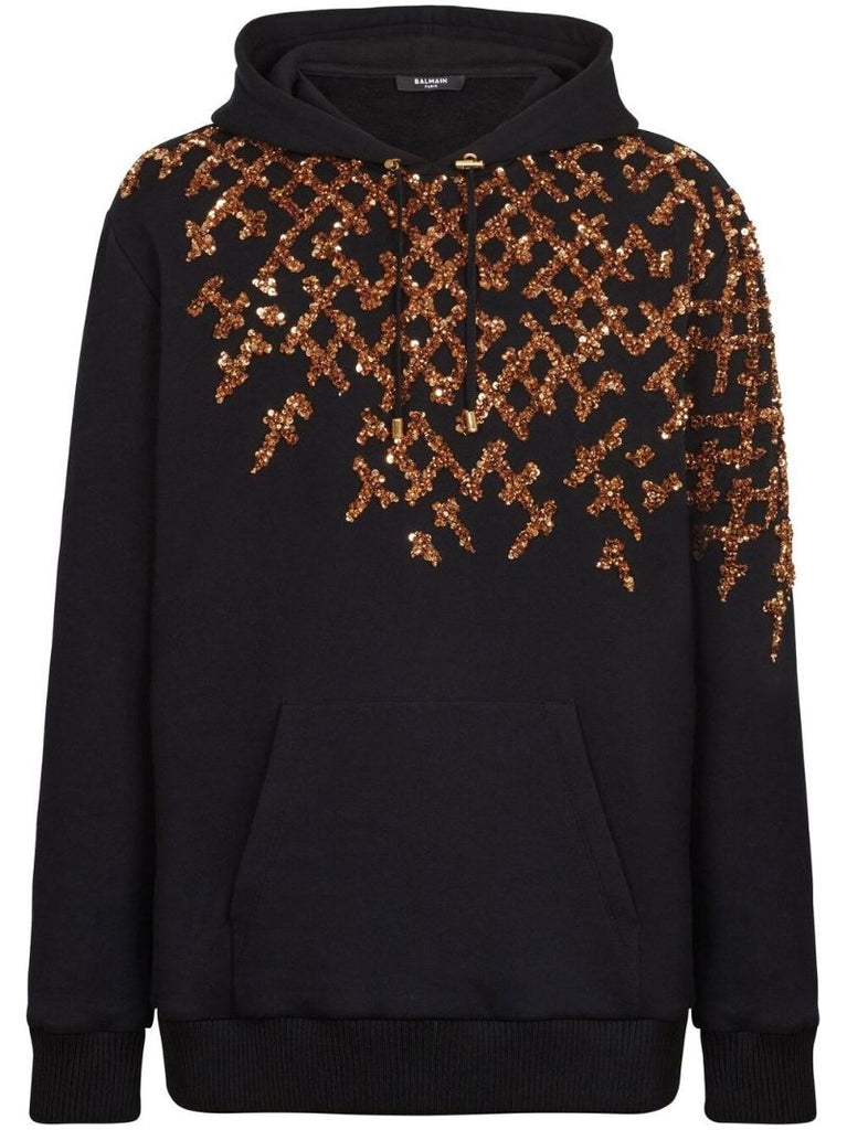 Black Cotton Sequin Embellished Hoodie