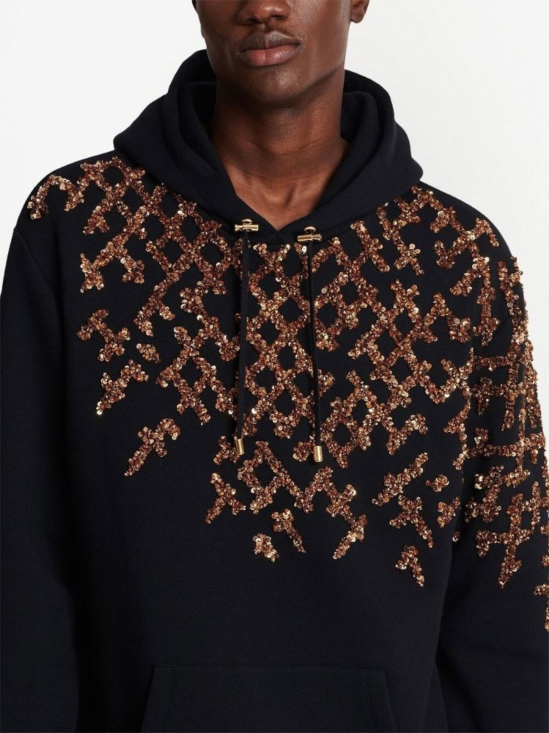 Black Cotton Sequin Embellished Hoodie