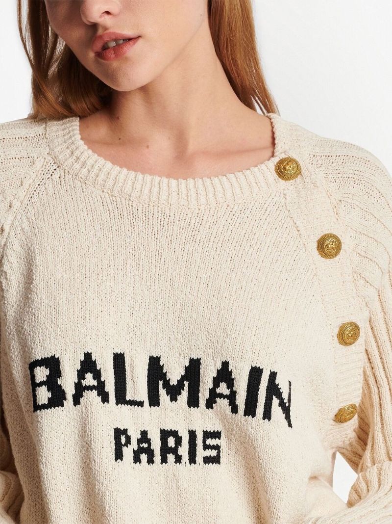 Neutral Logo Print Lion Head Button Sweater