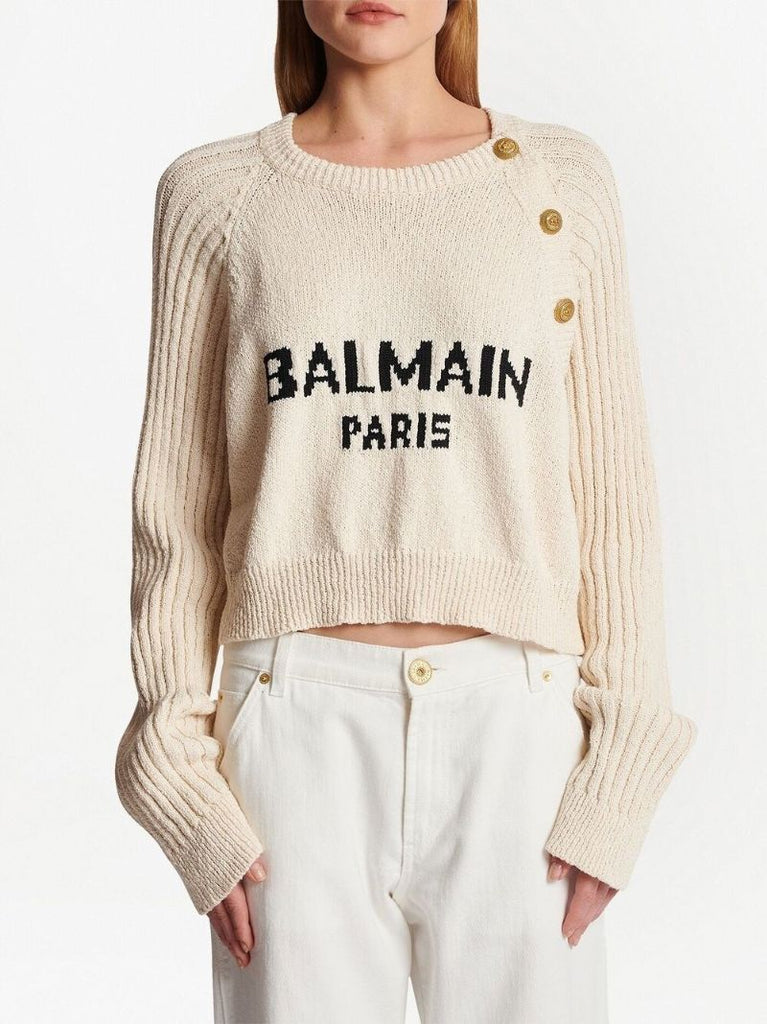 Neutral Logo Print Lion Head Button Sweater