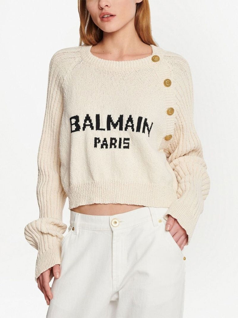 Neutral Logo Print Lion Head Button Sweater