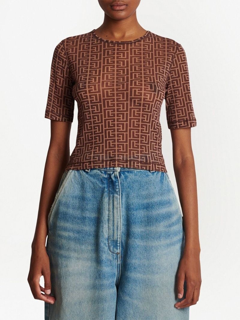 Brown Monogram Print Cropped T-shirt