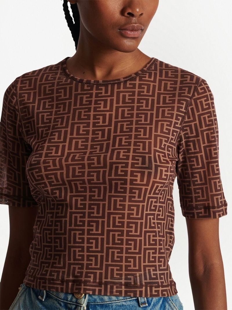 Brown Monogram Print Cropped T-shirt