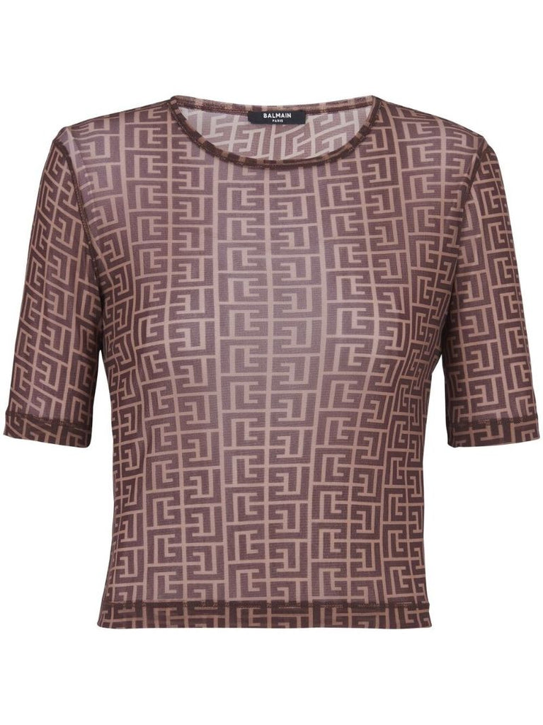 Brown Monogram Print Cropped T-shirt