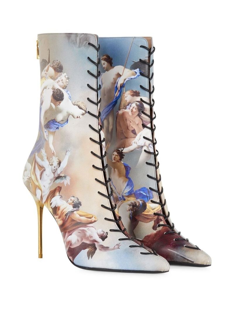 Blue Graphic Print Lace-up Boots