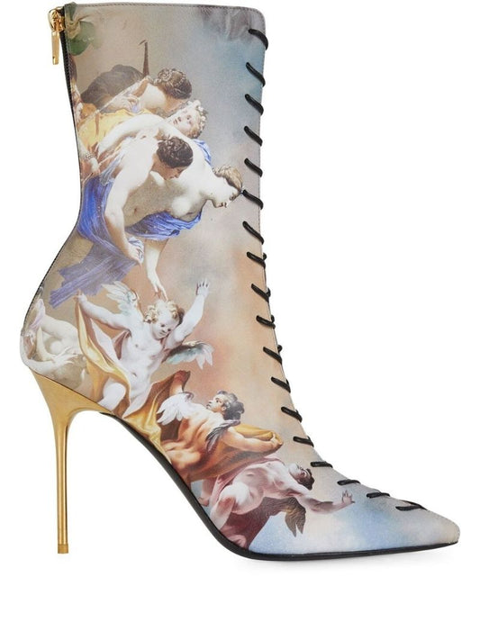 Blue Graphic Print Lace-up Boots