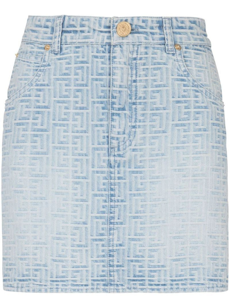Blue Monogram Print Denim Mini Skirt