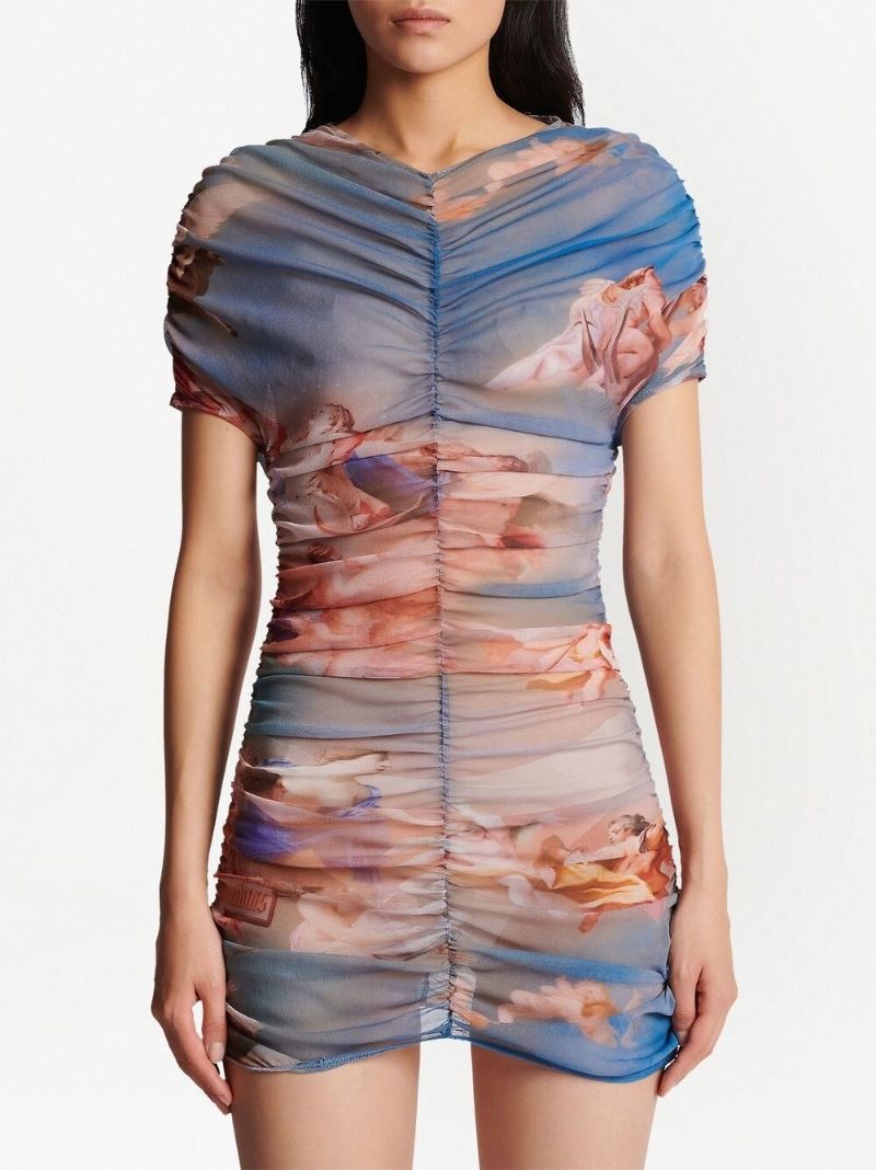 Blue Graphic Print Ruched Mini Dress