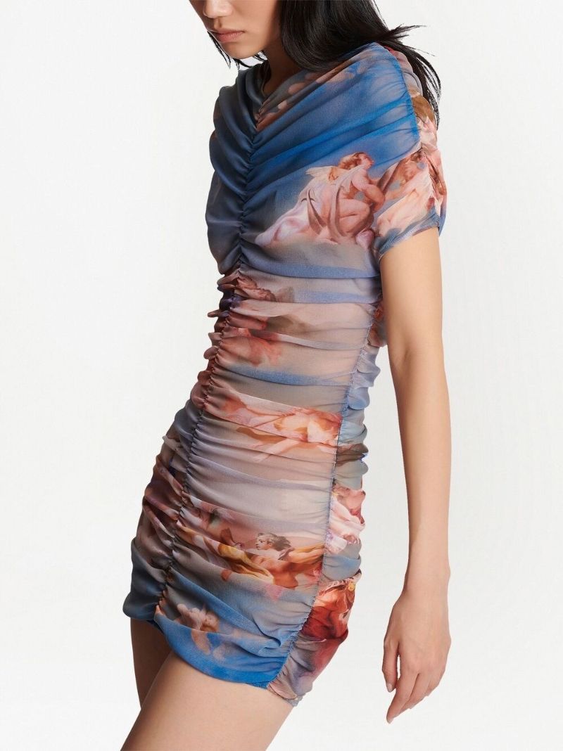 Blue Graphic Print Ruched Mini Dress