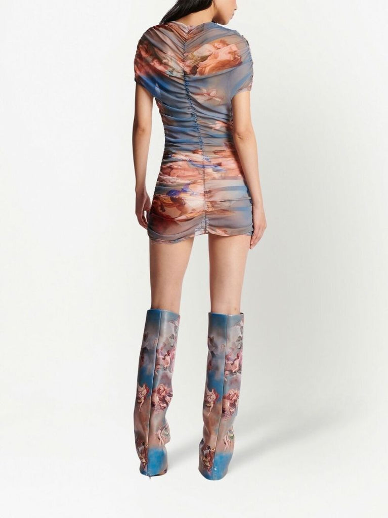 Blue Graphic Print Ruched Mini Dress