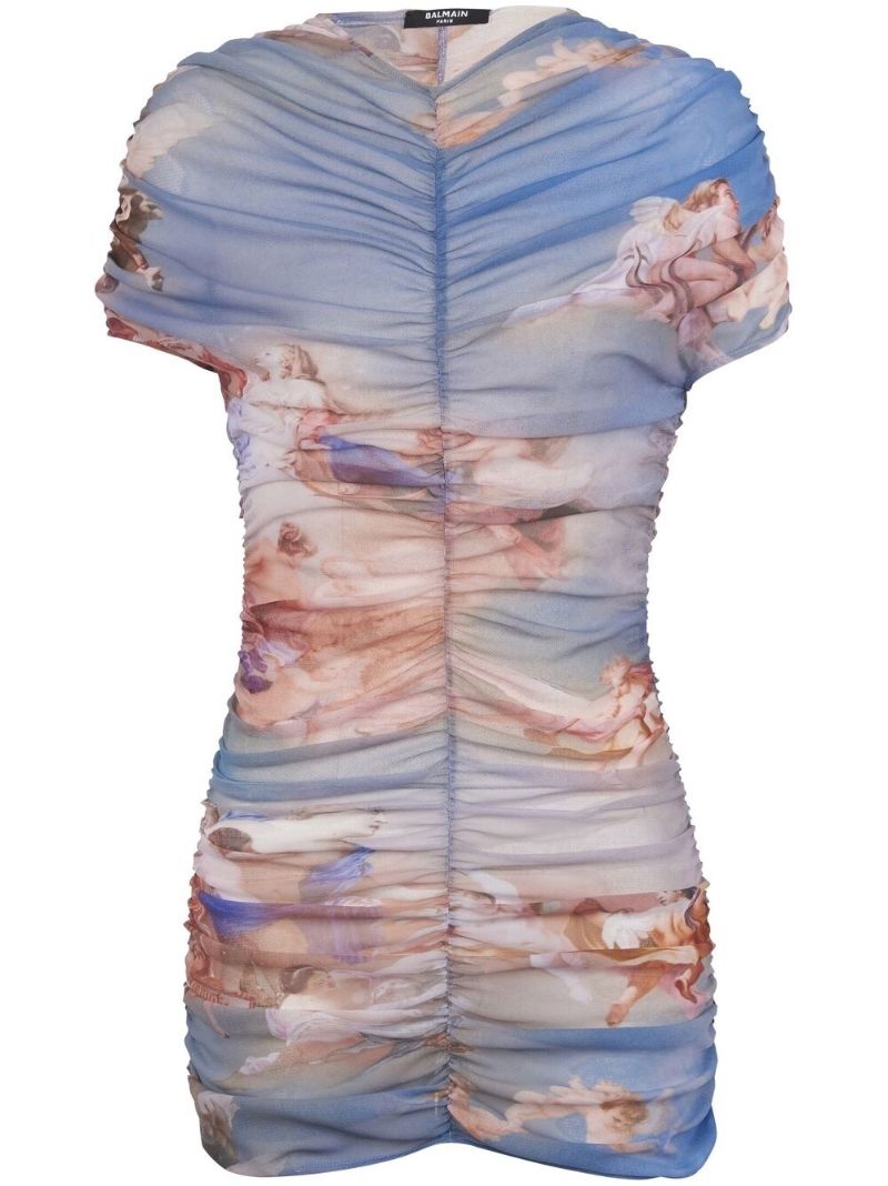 Blue Graphic Print Ruched Mini Dress