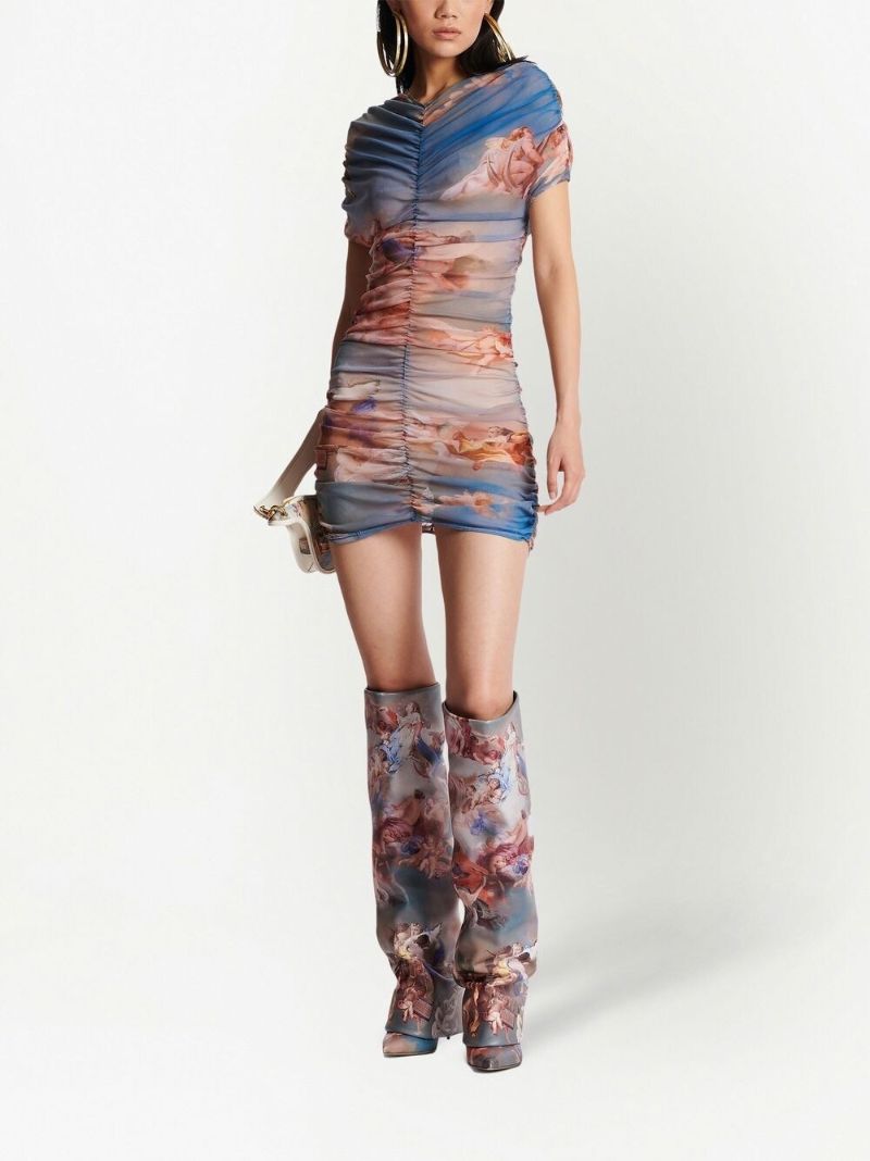 Blue Graphic Print Ruched Mini Dress