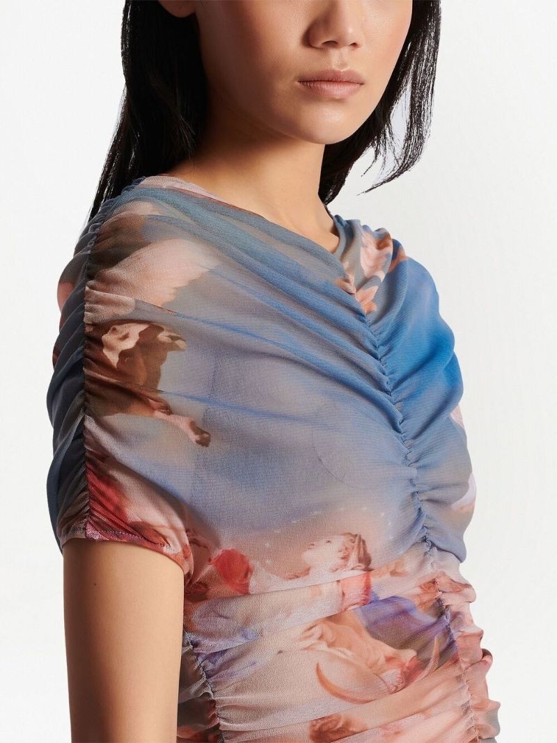 Blue Graphic Print Ruched Mini Dress