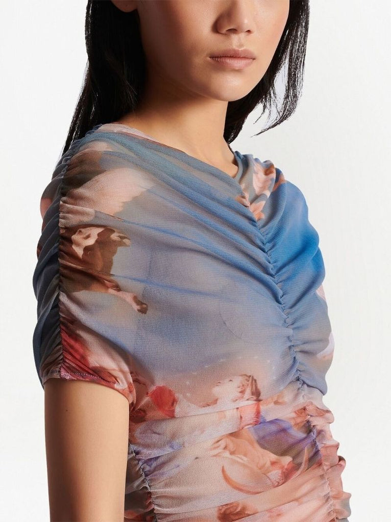 Blue Graphic Print Ruched Mini Dress