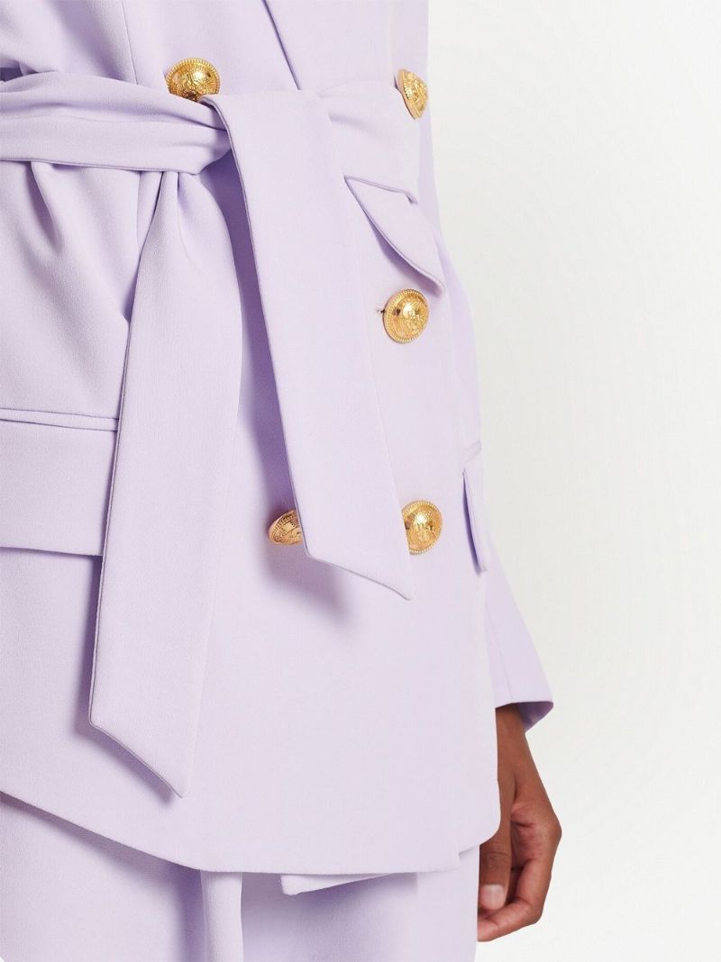 Purple Double-breasted Belted Blazer