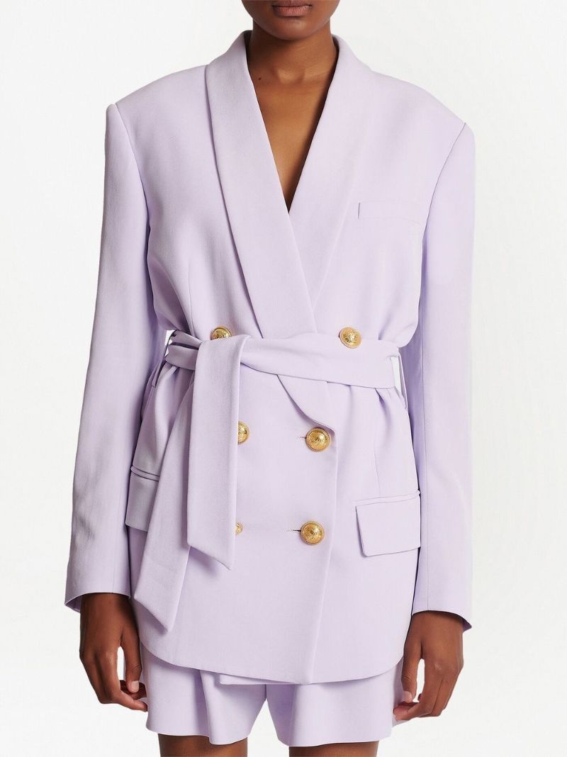 Purple Double-breasted Belted Blazer