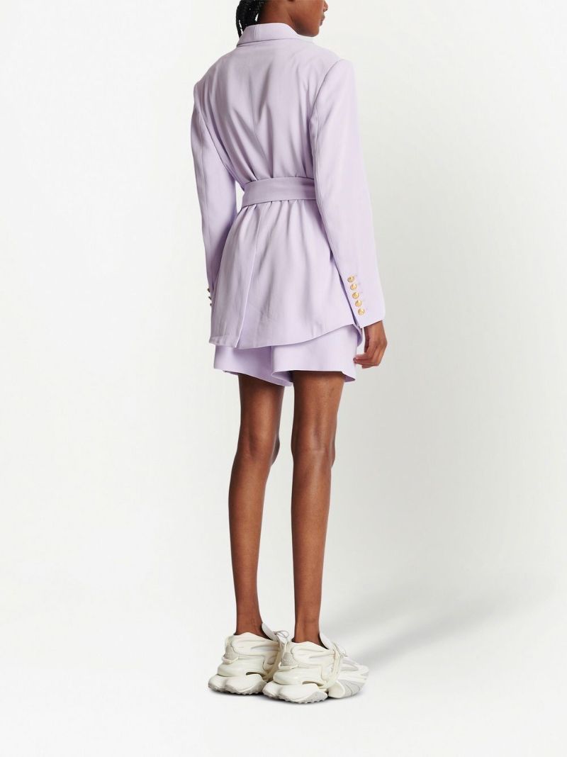 Purple Double-breasted Belted Blazer