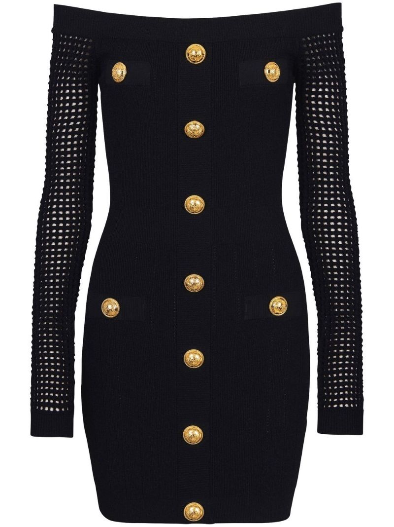 Black Off-the-shoulder Mesh Knit Mini Dress