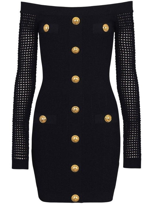 Black Off-the-shoulder Mesh Knit Mini Dress