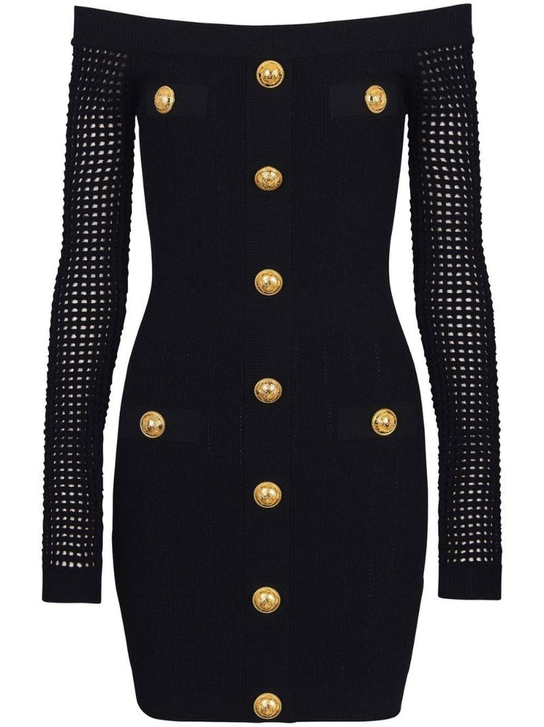 Black Off-the-shoulder Mesh Knit Mini Dress