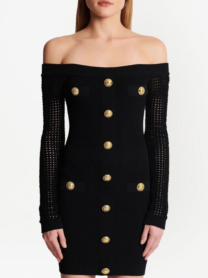 Black Off-the-shoulder Mesh Knit Mini Dress