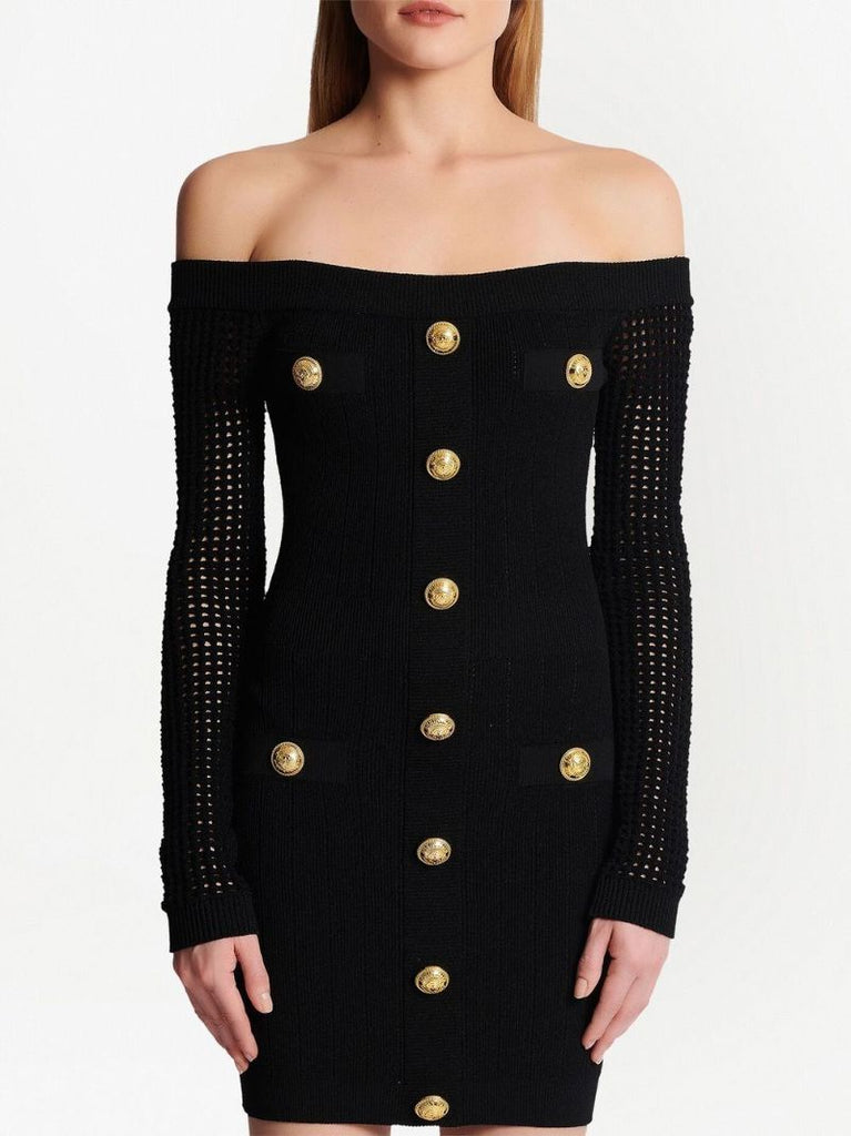 Black Off-the-shoulder Mesh Knit Mini Dress