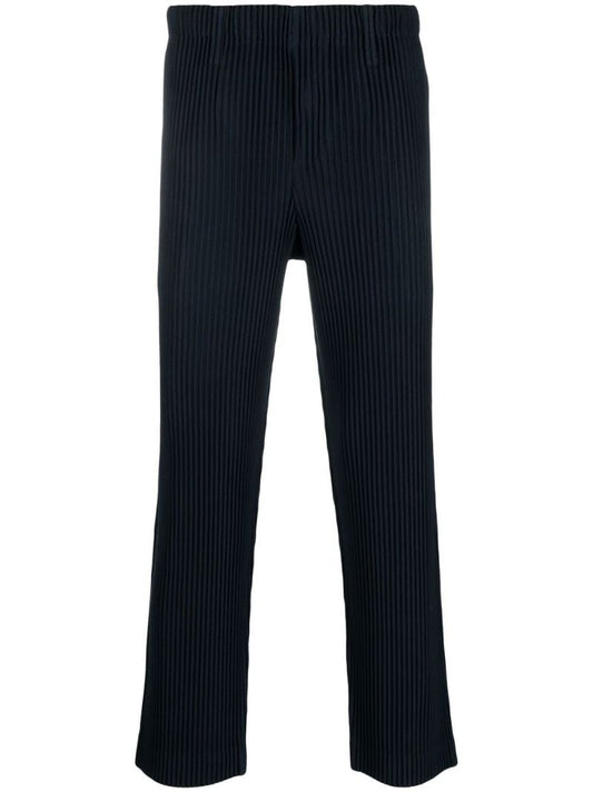 Blue Pleated Straight-leg Trousers