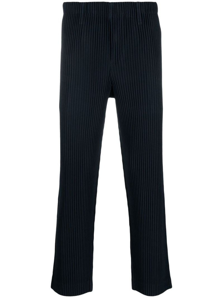 Blue Pleated Straight-leg Trousers