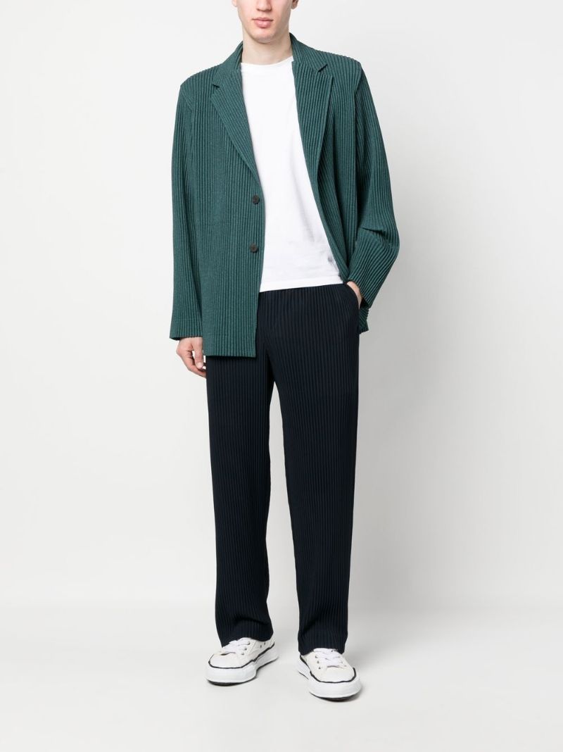 Blue Pleated Straight-leg Trousers