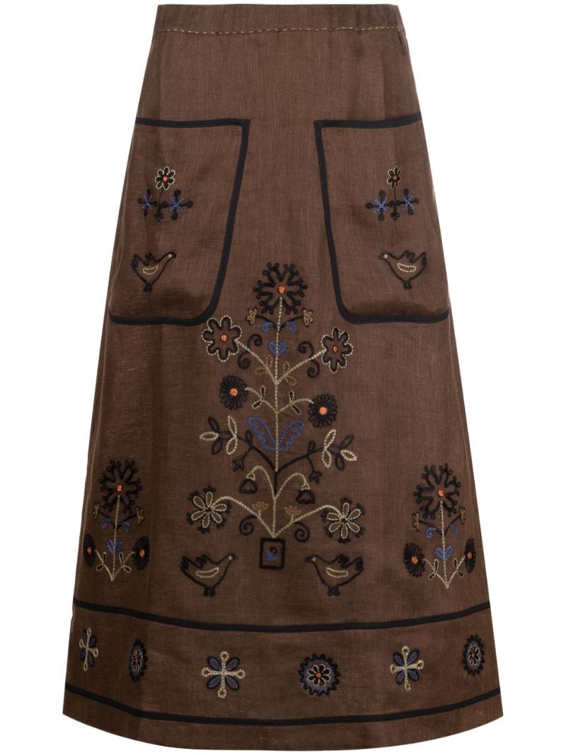Brown Misha Embroidered Linen Midi Skirt