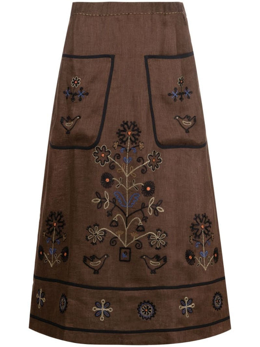 Brown Misha Embroidered Linen Midi Skirt