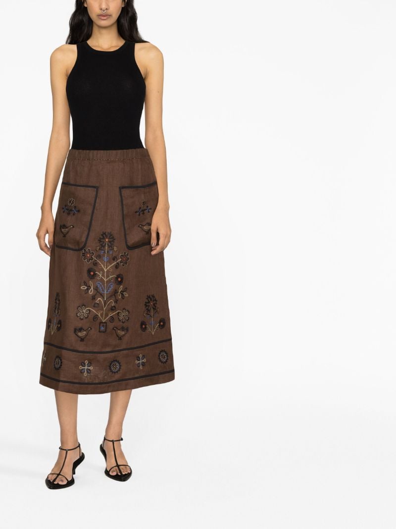 Brown Misha Embroidered Linen Midi Skirt