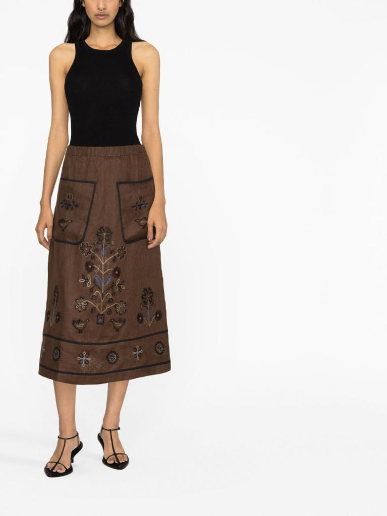 Brown Misha Embroidered Linen Midi Skirt