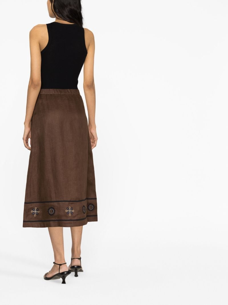 Brown Misha Embroidered Linen Midi Skirt