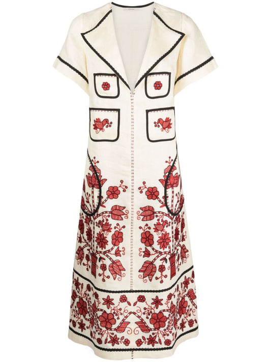 Neutral Sasha Embroidered Linen Dress