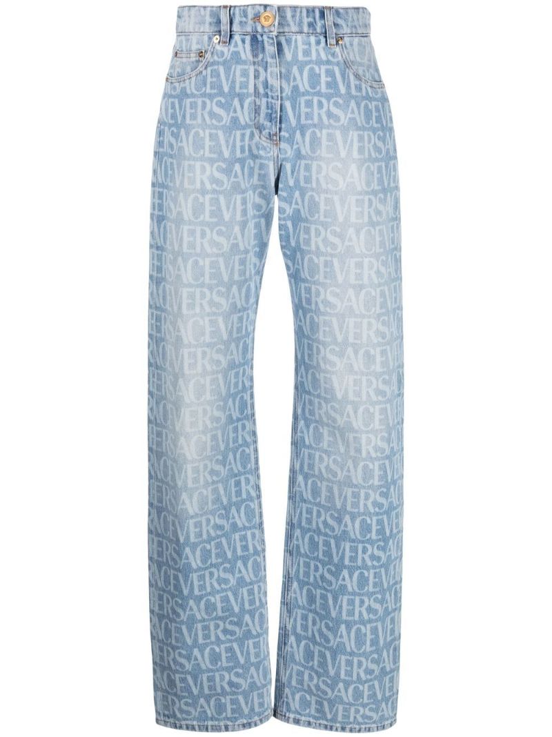 Blue Logo Print Straight-leg Jeans