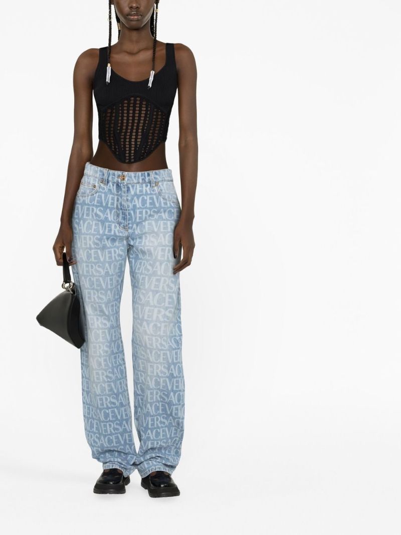 Blue Logo Print Straight-leg Jeans
