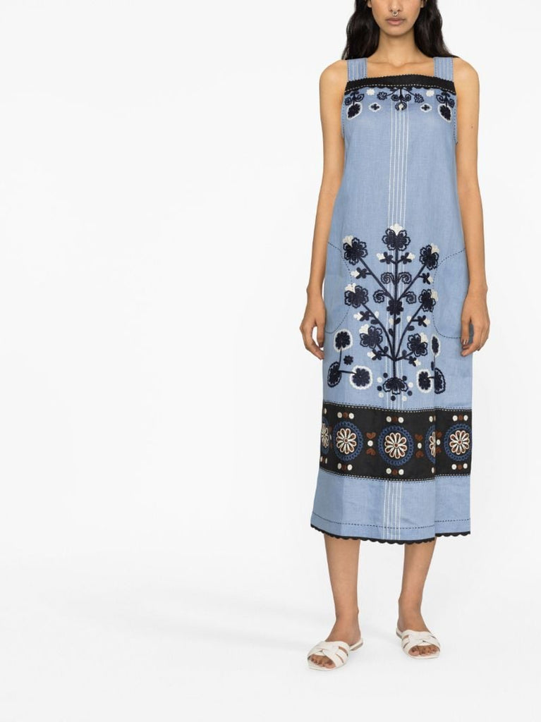 Blue Floral-embroidered Linen Dress