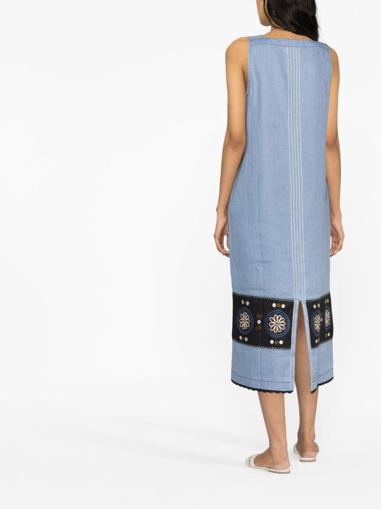Blue Floral-embroidered Linen Dress