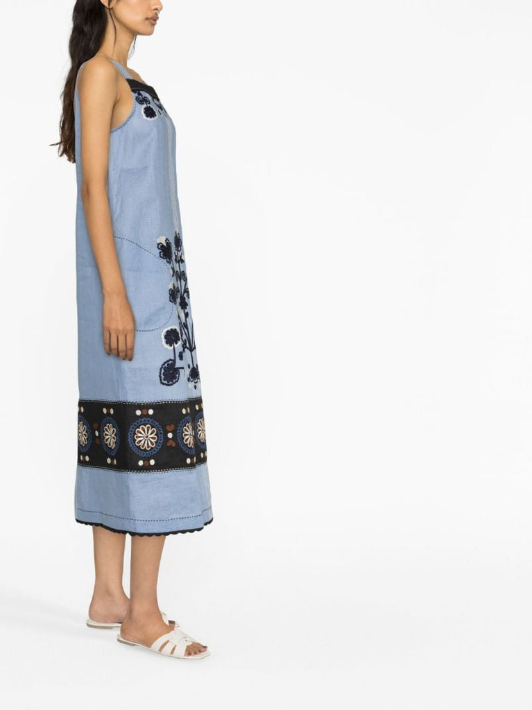 Blue Floral-embroidered Linen Dress
