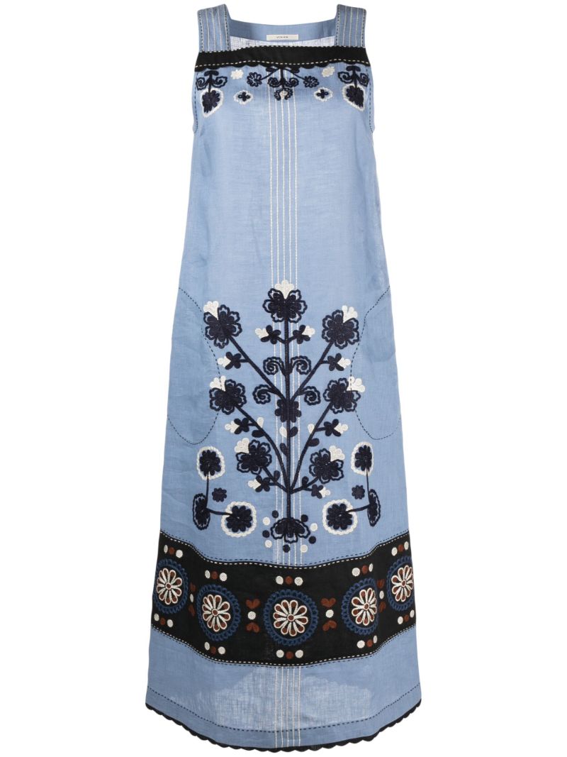 Blue Floral-embroidered Linen Dress