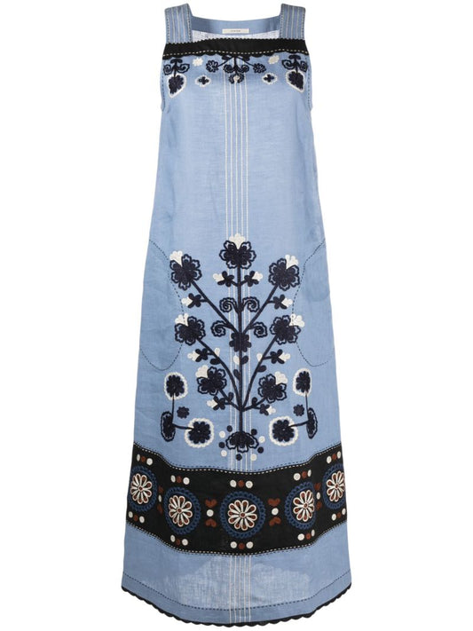 Blue Floral-embroidered Linen Dress