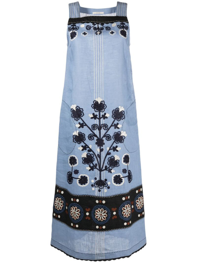 Blue Floral-embroidered Linen Dress